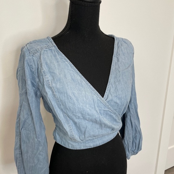 Free People Sophie Light Wash Denim Balloon Sleeve Wrap Crop Top - Picture 5 of 10